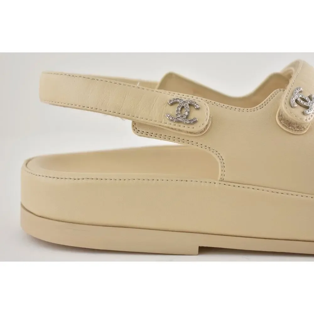 Chanel 24S Beige Leather Triple Strap CC Logo Mule Slide Teva Dad Sandal Flat 41